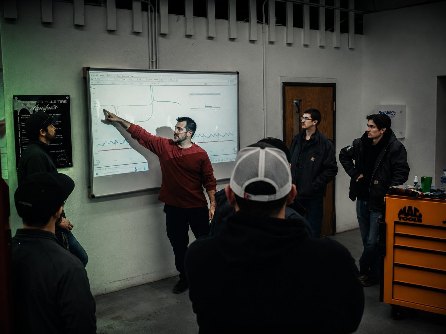 Instructor presenting diagnostic data to technicians in a training bay