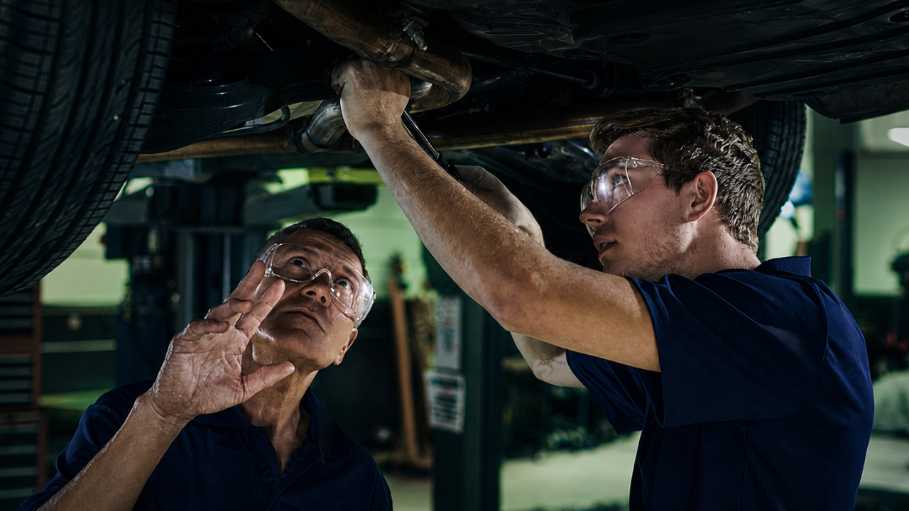 Mentor working with a technician in a shop bay